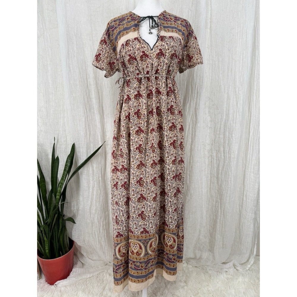 Vintage 70s Indian Block Print Boho Maxi Dress M Hippie Cotton Gauze Tie Pockets